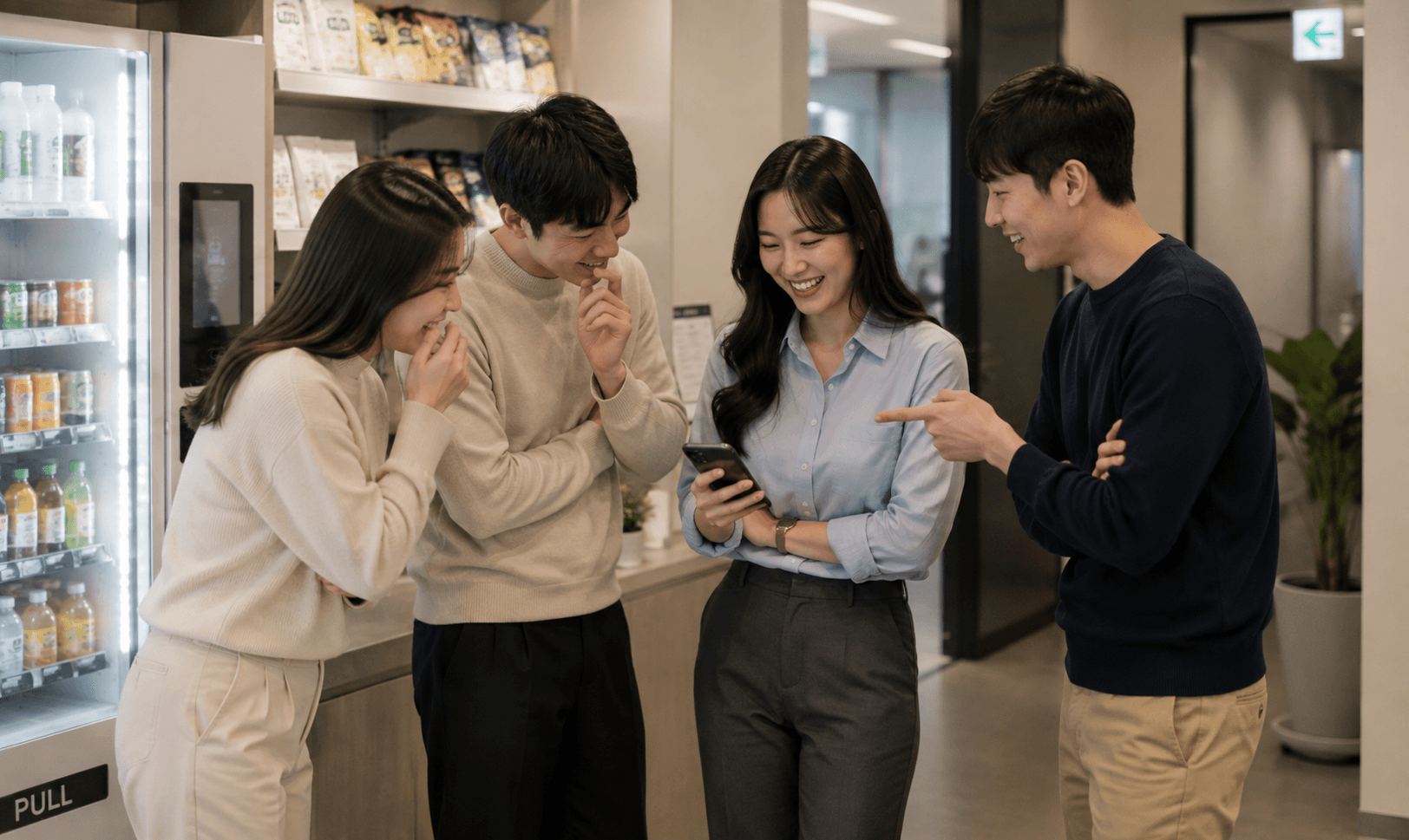 동료와 함께 휴대전화로 리워드를 고르는 직원들